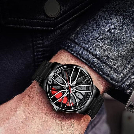 Skmei New Car Wheel Watch with Rolling Creative Fashion Analog Watch, Black Dial Zink Alloy Case Men's Watch, Stainless Steel Black Color Band, Quartz Movement, Water & Scratch-Resistant-1990